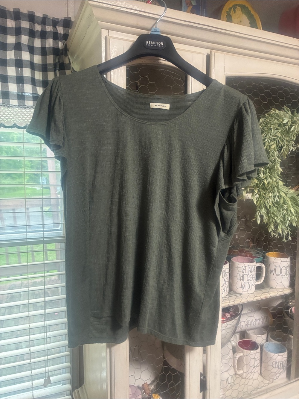 Max Studio Olive Green Short Sleeve Flutter-Sleeve Top